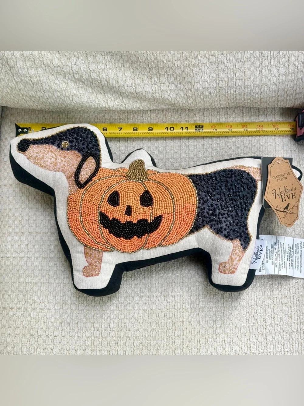 Beaded Dachshund Halloween Pumpkin Pillow